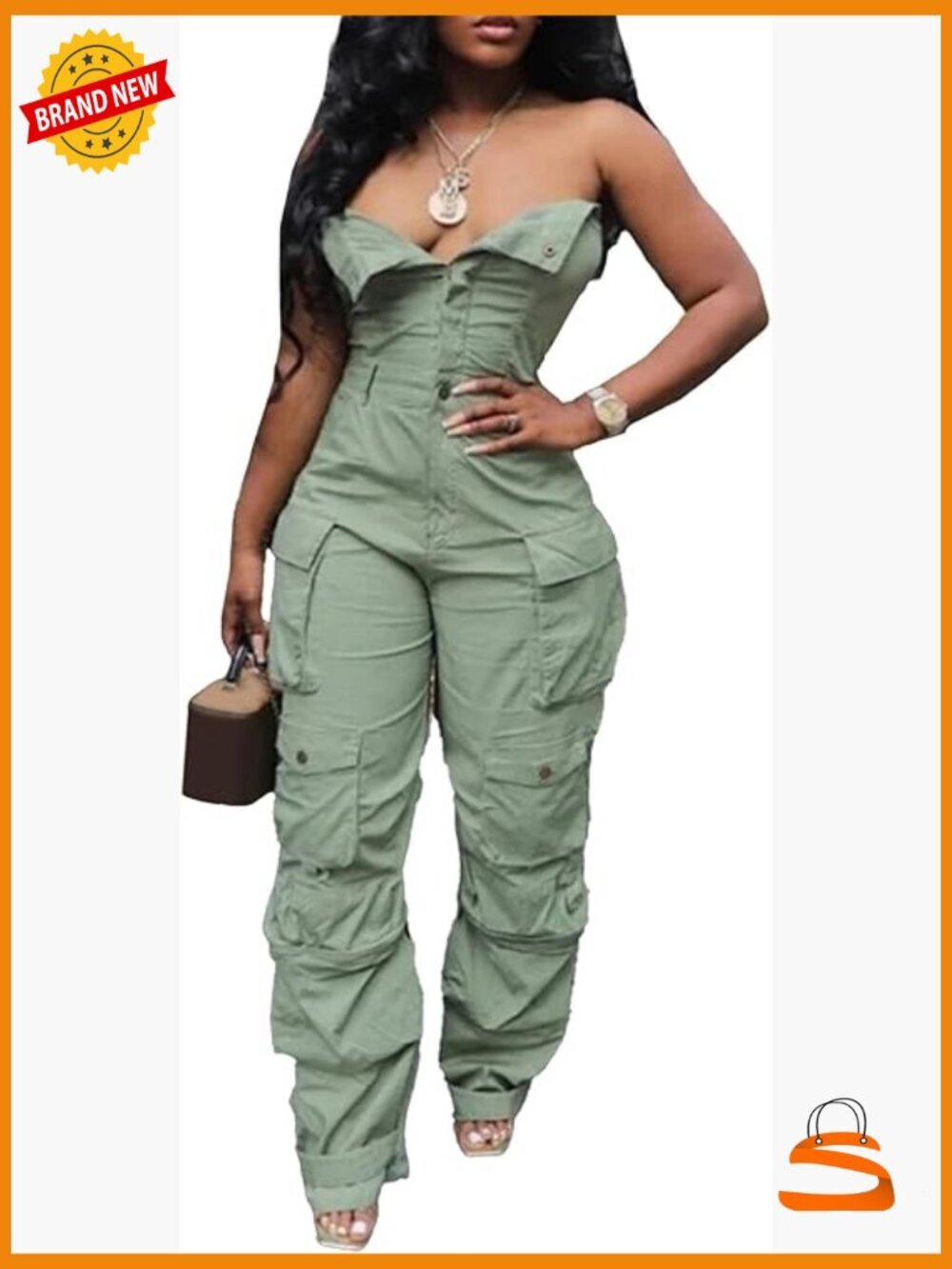 Strapless Denim Cargo Jumpsuit Wide Leg Multi Pockets Loose Baggy Romper